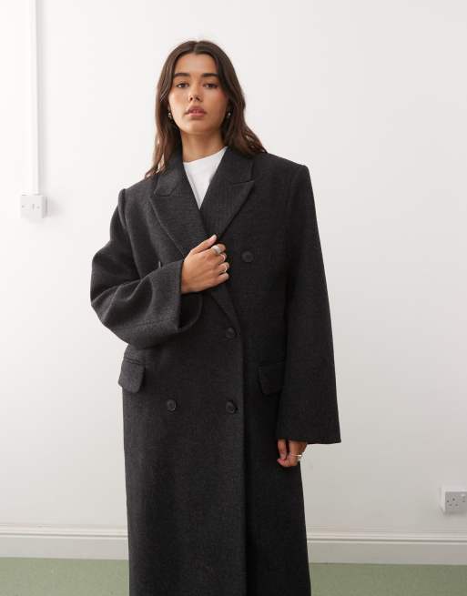 Weekday Logan wool blend oversized knee length coat in dark grey melange, 3 of 4