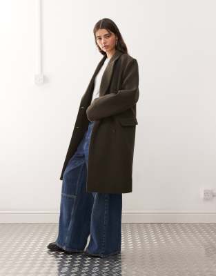 Weekday Weekday Logan wool blend oversized knee length coat in dark khaki-Green