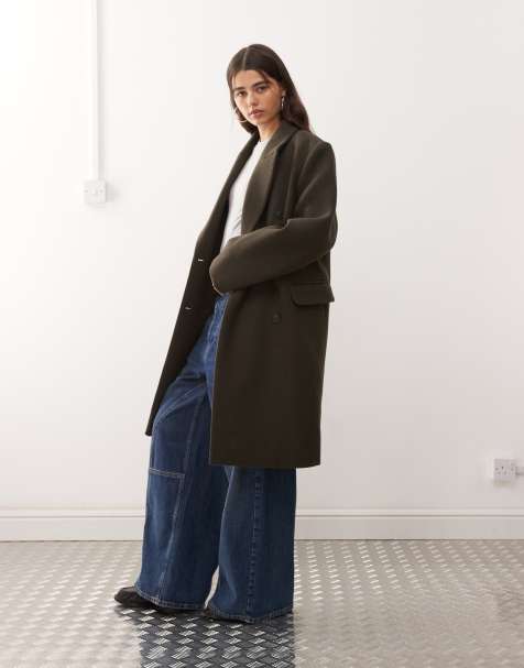 Weekday Logan wool blend oversized knee length coat in dark khaki - view 1