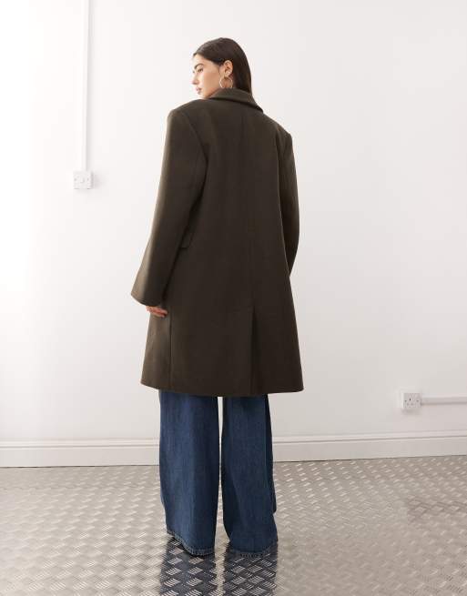 Weekday Logan wool blend oversized knee length coat in dark khaki, 2 of 4