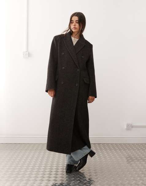 Weekday Logan wool blend oversized knee length coat in mole herringbone - view 1