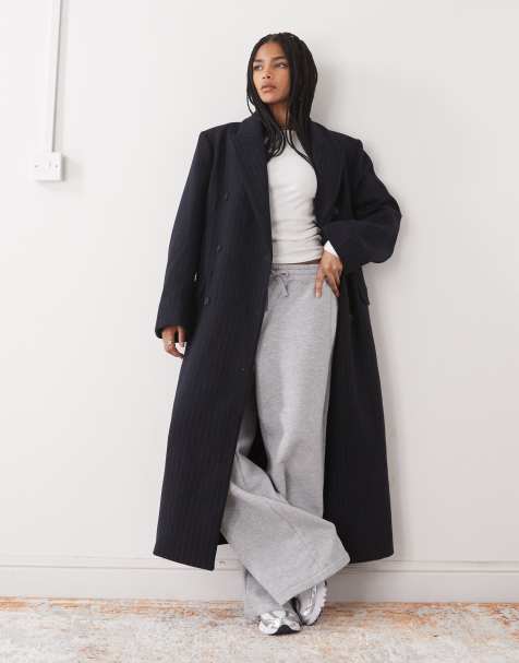 Weekday Logan wool look oversized double breasted coat in dark navy pinstripes - view 1