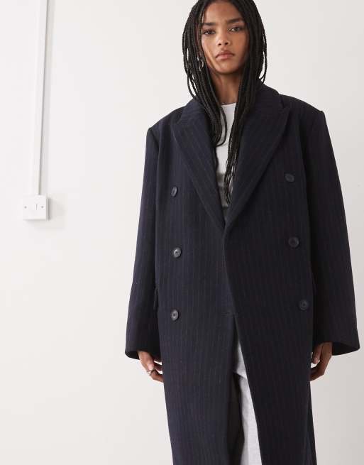 Weekday Logan wool look oversized double breasted coat in dark navy pinstripes
