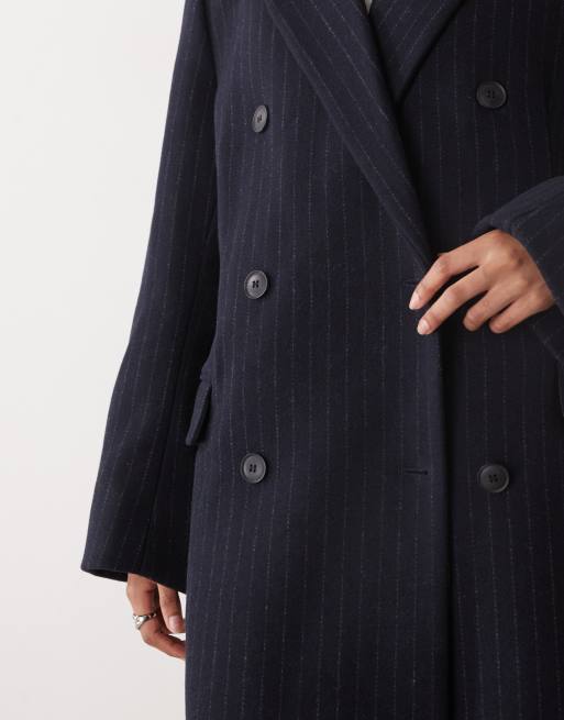 Weekday Logan wool look oversized double breasted coat in dark navy pinstripes