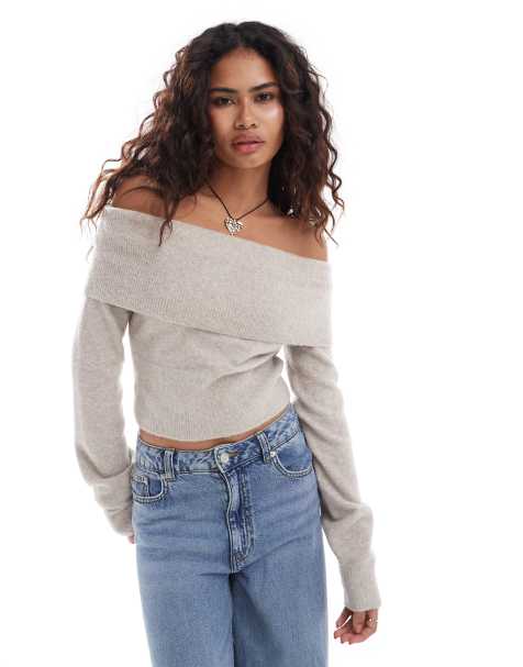 Weekday Lolo off shoulder knitted jumper in beige melange - view 1
