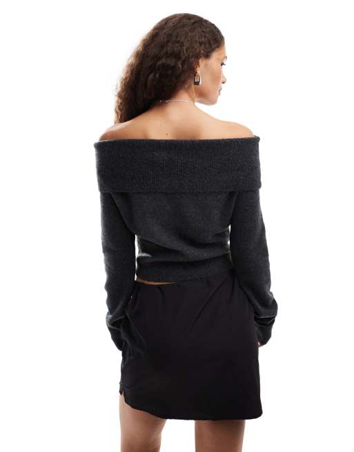 Weekday Lolo off shoulder knitted sweater in black melange