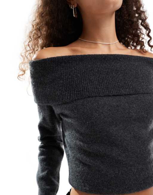 Weekday Lolo off shoulder knitted sweater in black melange