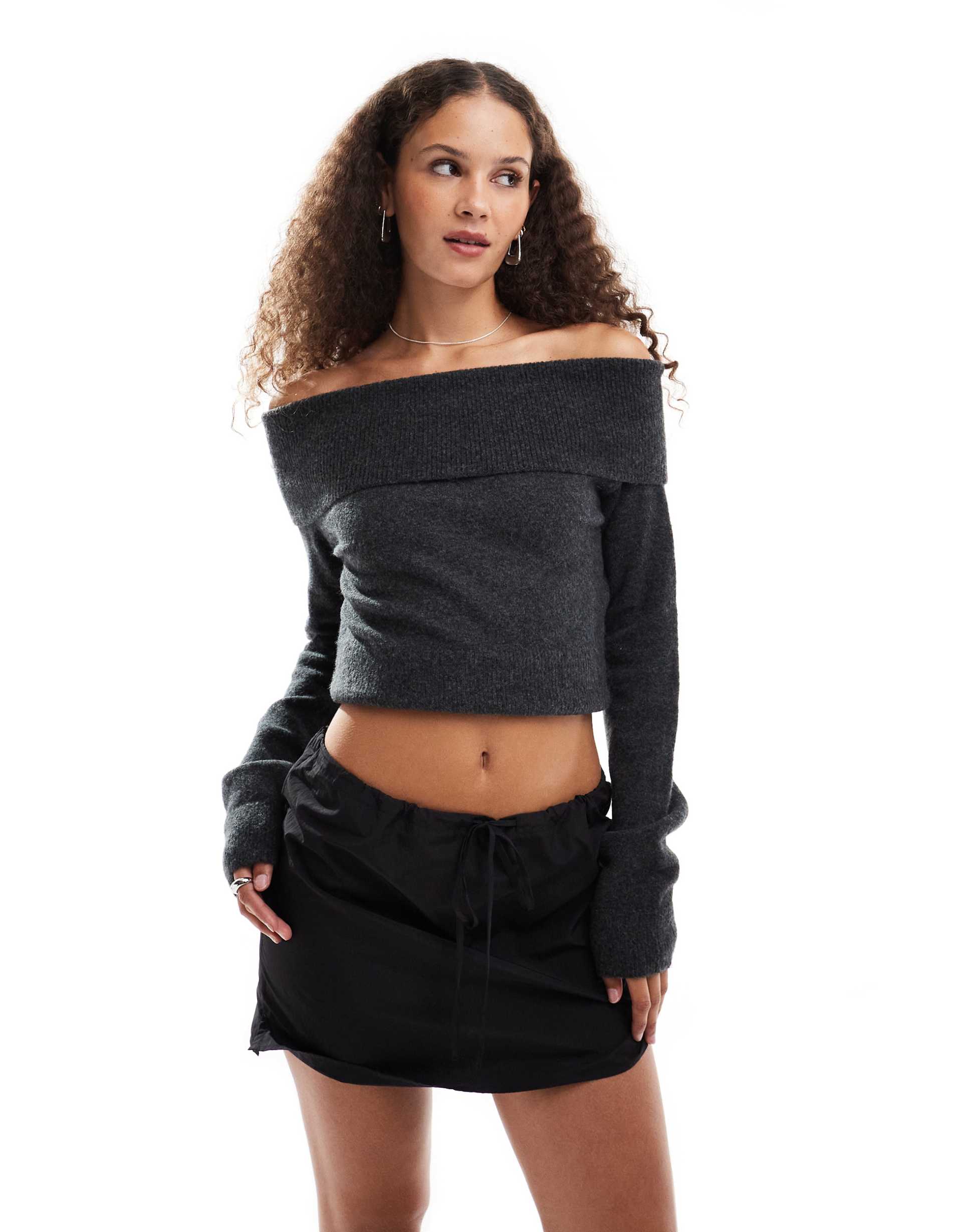 weekday lolo off shoulder knitted sweater in black melange