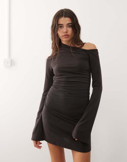 Weekday long sleeve asymmetric shoulder mini dress with ruched sides in dark brown
