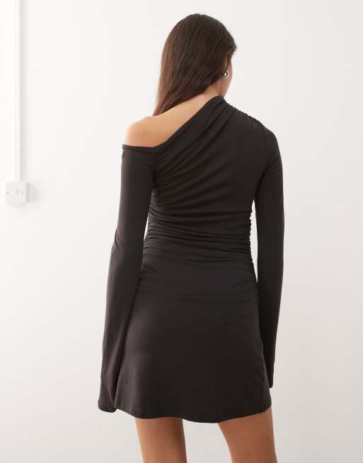 Weekday long sleeve asymmetric shoulder mini dress with ruched sides in dark brown