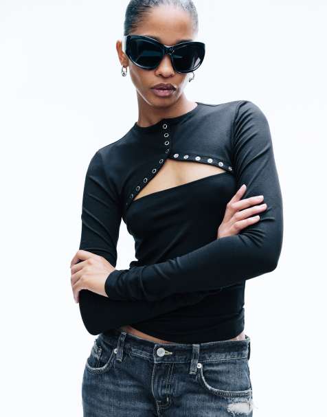 Weekday long sleeve bolero top with snap button detail in black - view 1