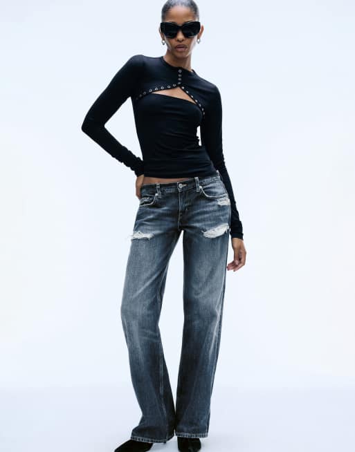 Weekday long sleeve bolero top with snap button detail in black, 2 of 3
