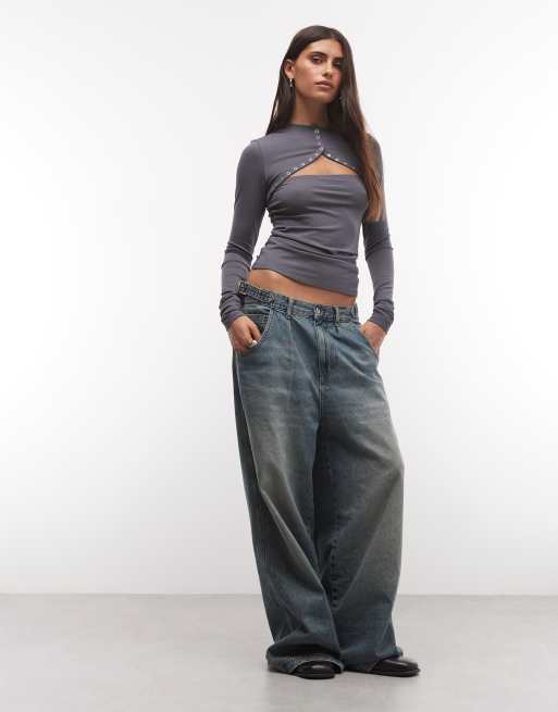 Weekday long sleeve bolero top with snap button detail in dark gray, 2 of 4