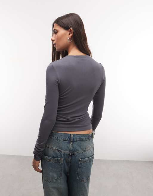 Weekday long sleeve bolero top with snap button detail in dark grey, 4 of 4