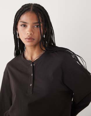 Weekday Long Sleeve Boxy Henley Top With Buttons In Brown