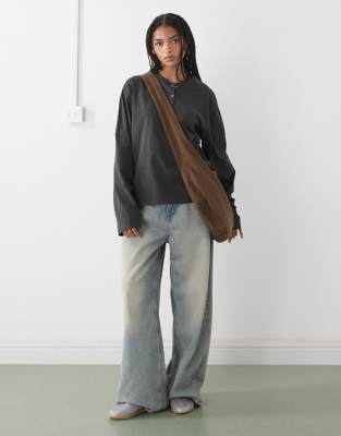 Weekday Long Sleeve Boxy Henley Top With Buttons In Gray