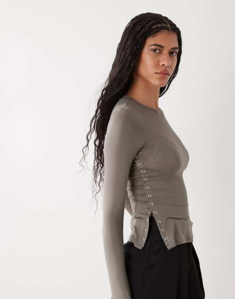 Weekday long sleeve fitted top with button detailing and asymmetric hem in gray - view 1