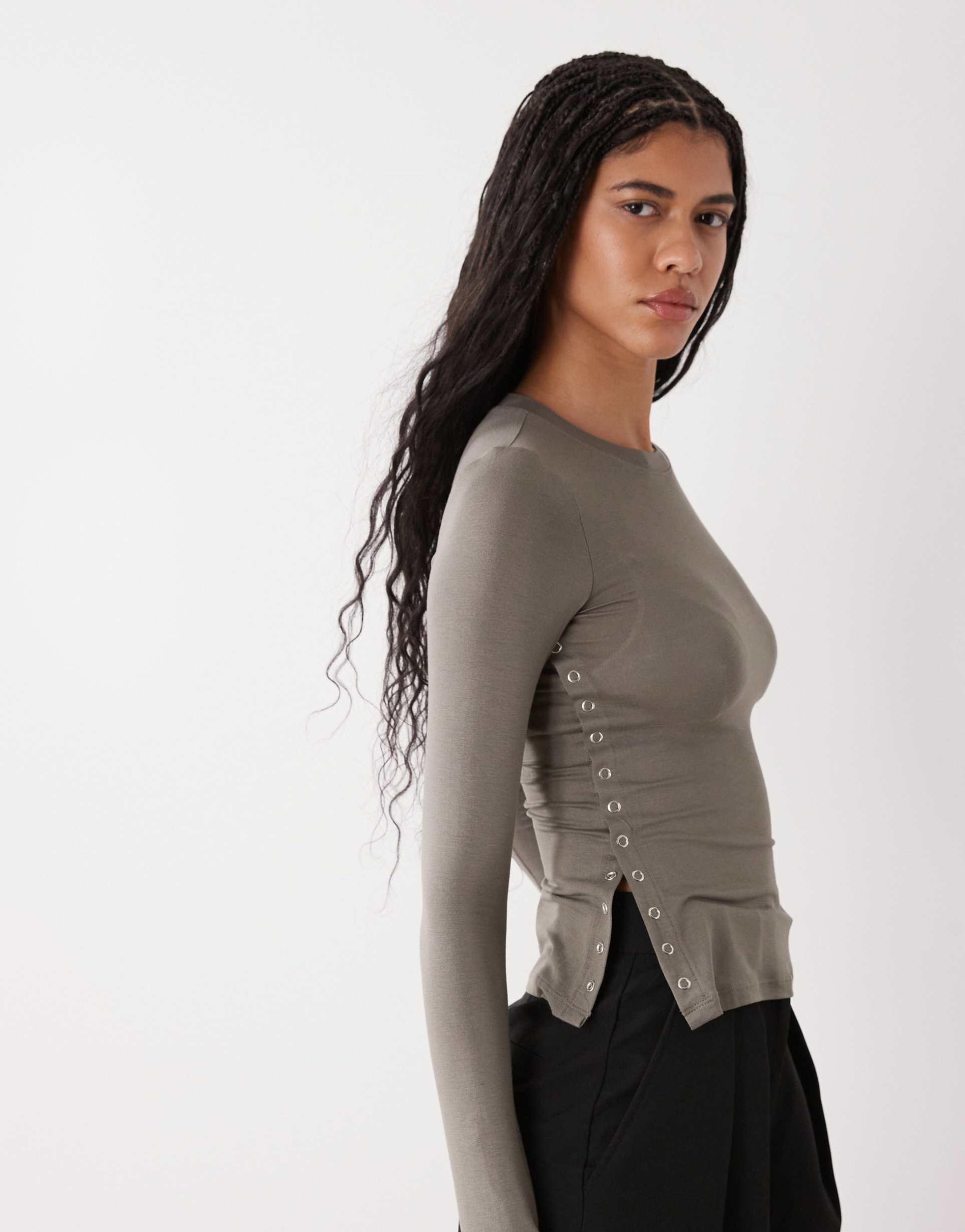 weekday long sleeve fitted top with button detailing and asymmetric hem in gray