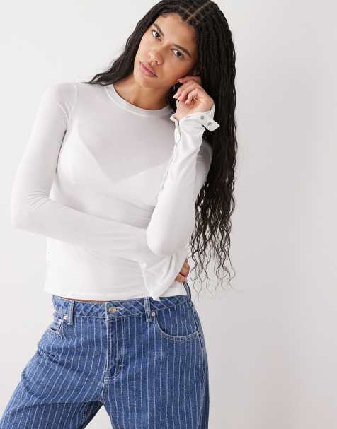 Weekday long sleeve fitted top with button detailing and asymmetric hem in off white - view 1