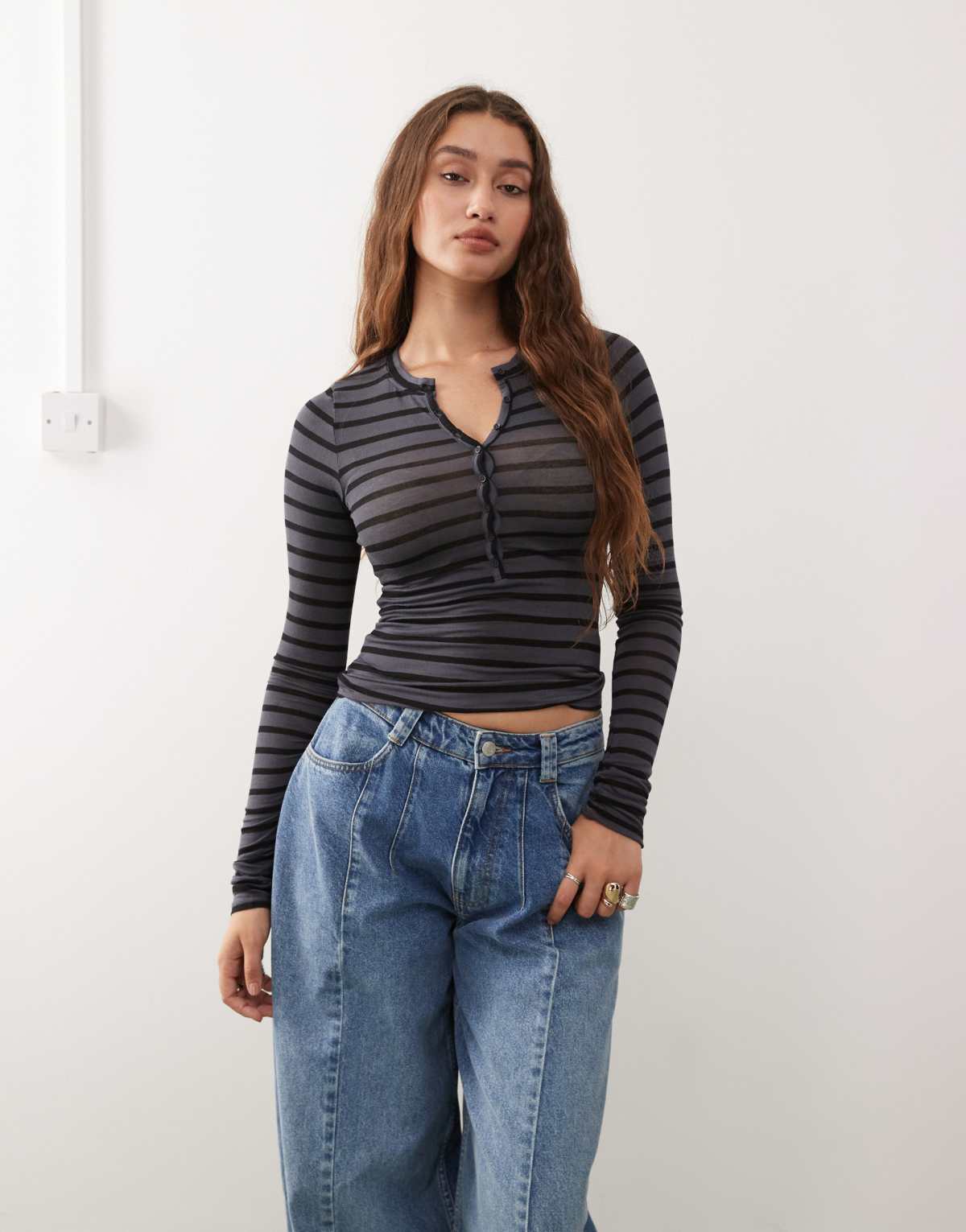 Weekday long sleeve henley t-shirt in grey & black stripe