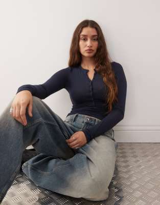 Weekday Long Sleeve Henley T-shirt In Black