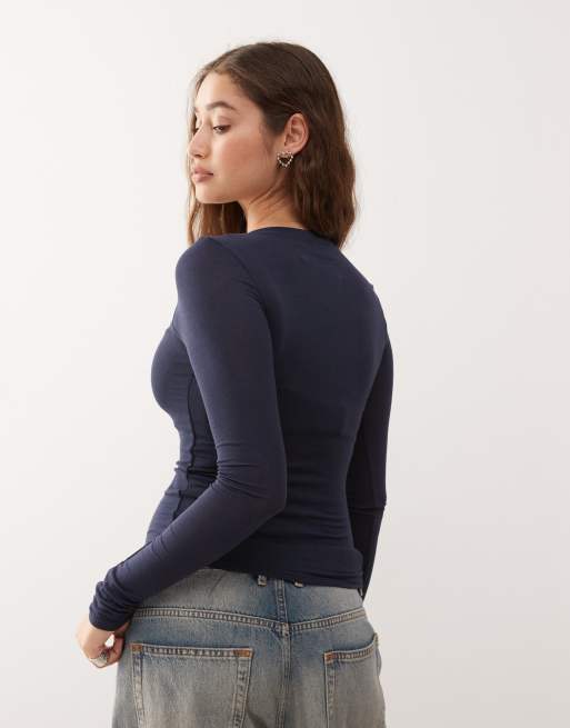 Weekday long sleeve henley t-shirt in navy, 4 of 4
