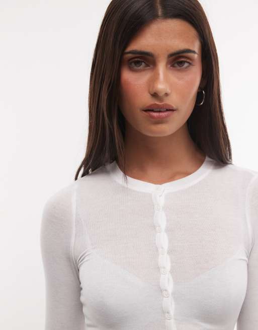 Weekday long sleeve henley t-shirt in white, 3 of 4
