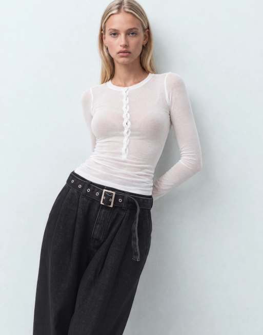 Weekday long sleeve henley t-shirt in white, 5 of 9