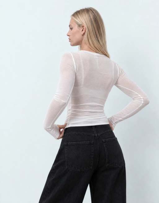 Weekday long sleeve henley t-shirt in white, 8 of 9