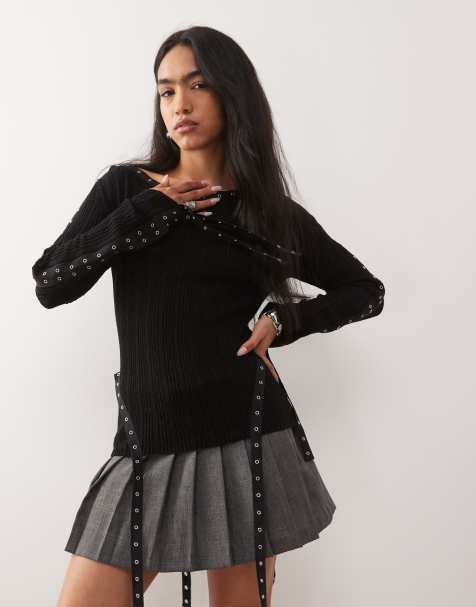 Weekday long sleeve knitted top with eyelet strap detail in black