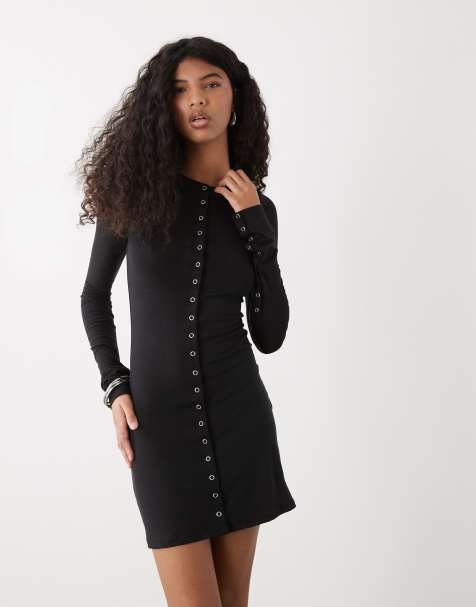 Weekday long sleeve mini dress with press stud detail in black