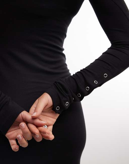 Weekday long sleeve mini dress with press stud detail in black, 3 of 4