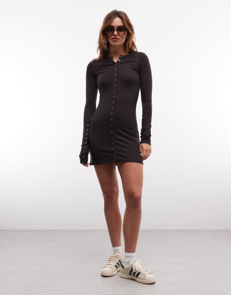 Weekday long sleeve mini dress with snap detail in dark brown - view 1