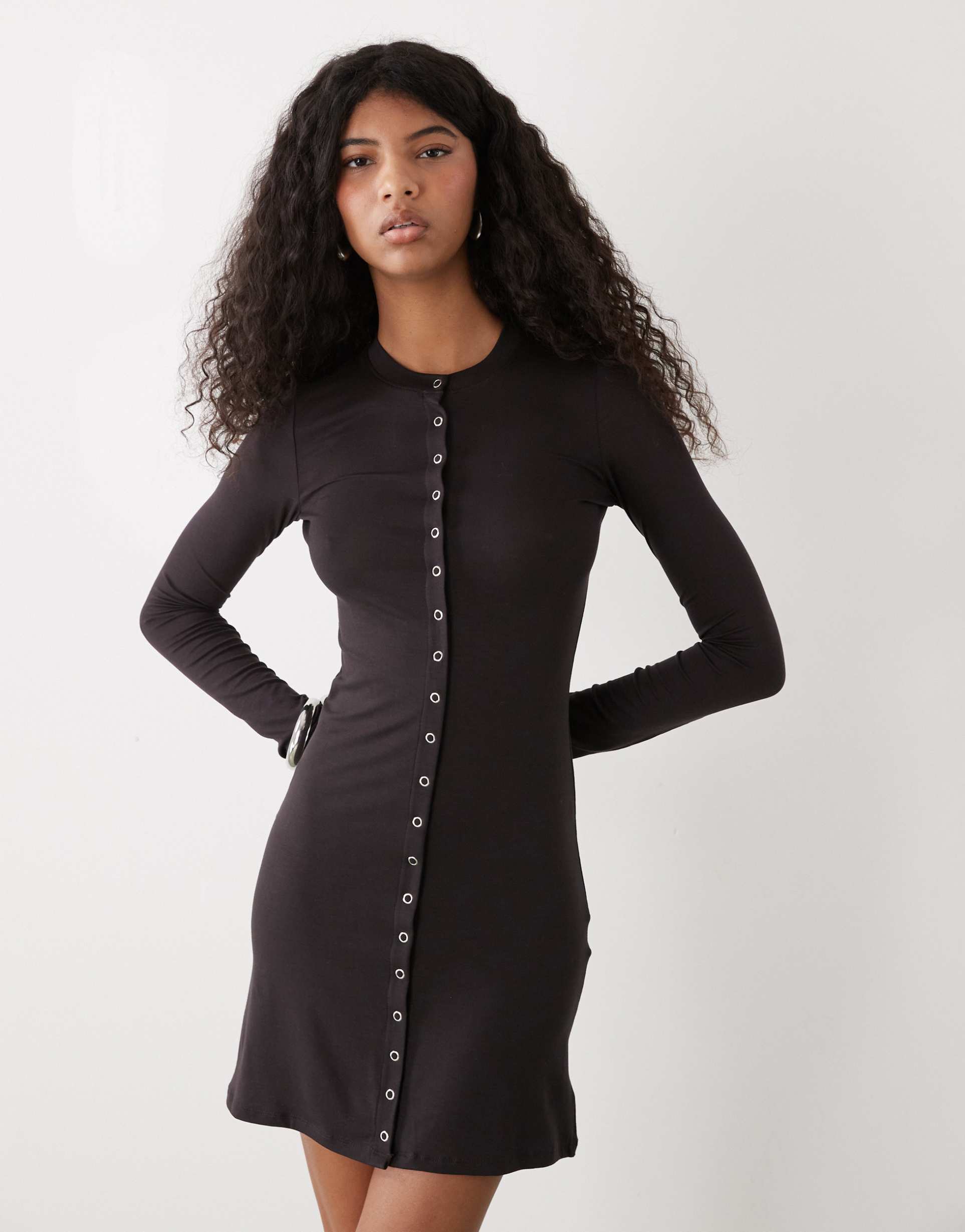 weekday long sleeve mini dress with snap detail in dark brown