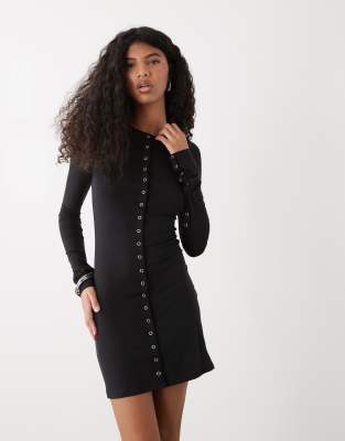 Weekday Long Sleeve Mini Dress With Snap Detailing In Black