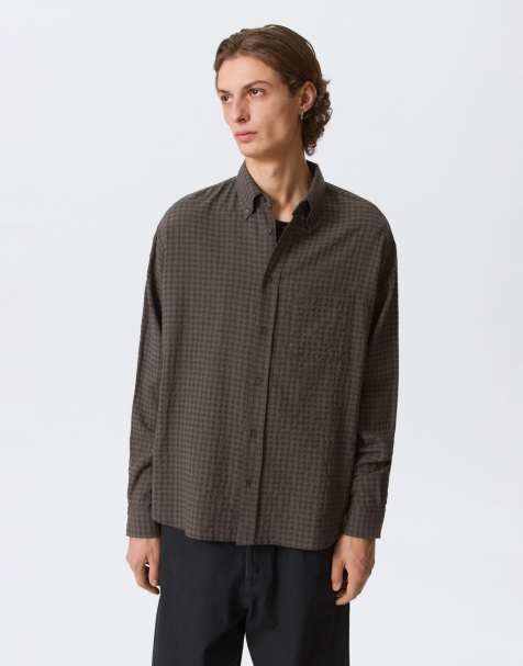 Weekday long sleeve seersucker loose shirt in brown check  - view 1