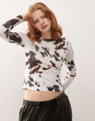 long sleeve top in cow print exclusive to ASOS-White