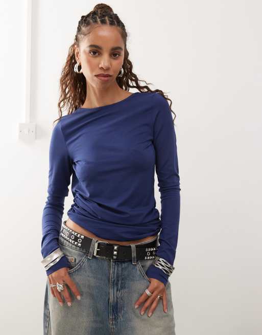 Weekday long sleeve top with open back in navy, 4 of 4