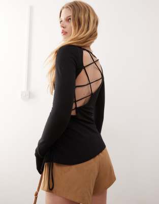 Weekday Long Sleeve Top With Open Cross Back In Black