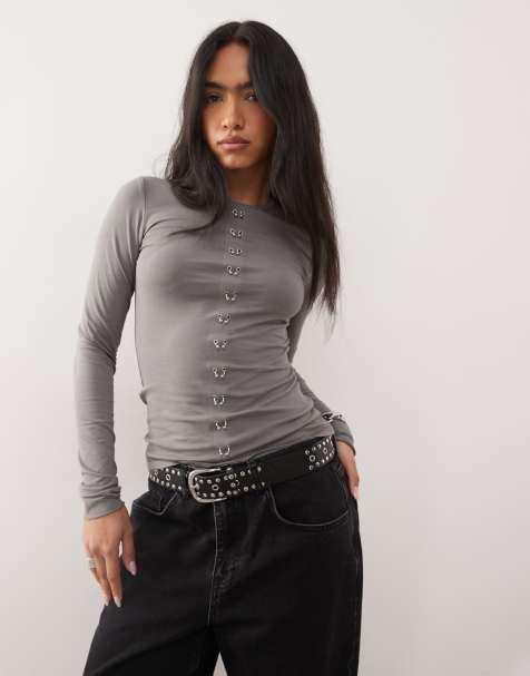 Weekday long sleeve top with piercing detail in grey - view 1