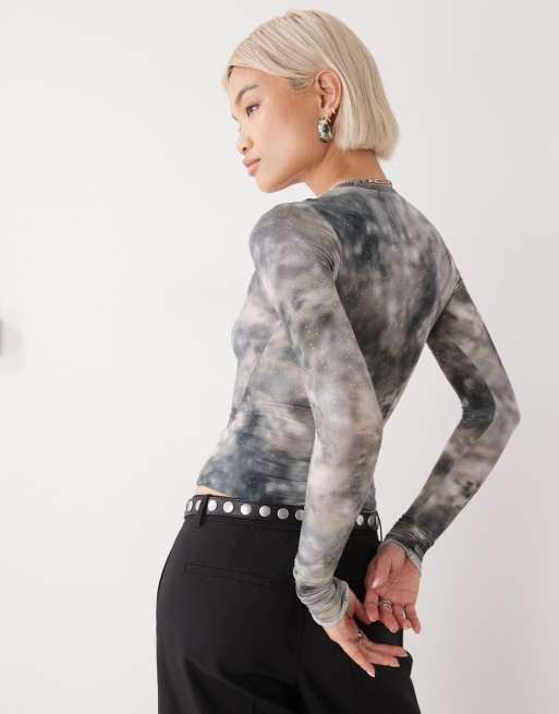 Weekday long sleeve top with rhinestone detail in airbrush graphic print, 3 of 4