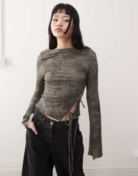 Weekday long sleeve top with side tie detail in grey print - view 1