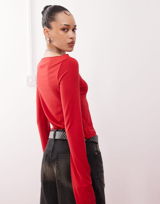 Weekday long sleeve top with side tie detail in red, 2 of 4