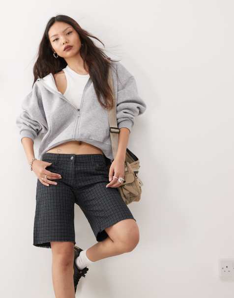 Weekday longline shorts in grey check - view 1
