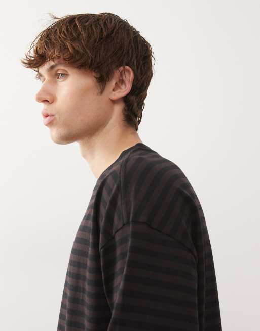 Weekday loose boxy long sleeve top in black and brown stripe, 4 of 5