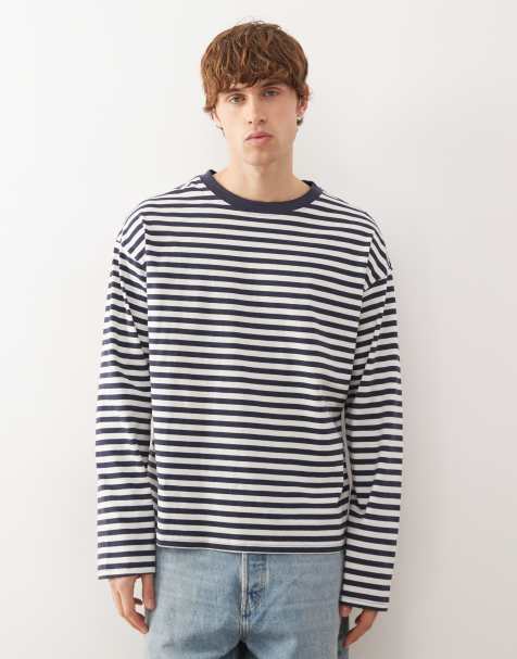 Weekday loose boxy long sleeve top in navy & off white stripe - view 1