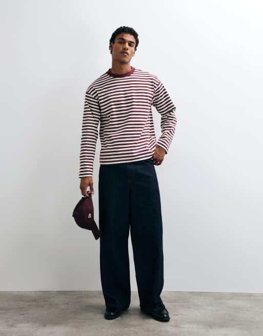 Weekday loose boxy long sleeve top in off-white and burgundy stripe, 2 of 5