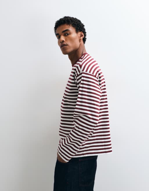 Weekday loose boxy long sleeve top in off-white and burgundy stripe, 3 of 5