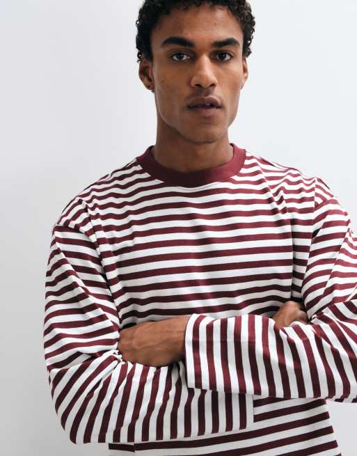 Weekday loose boxy long sleeve top in off-white and burgundy stripe, 4 of 5