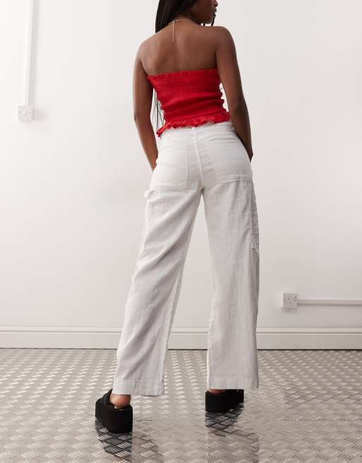 Weekday loose carpenter linen blend trousers in white, 4 of 5